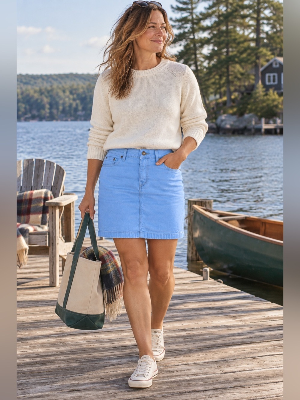 LL Bean Womens Jean Skirt 4P 4 Petite Blue Stretch Denim Preppy Summer Coastal